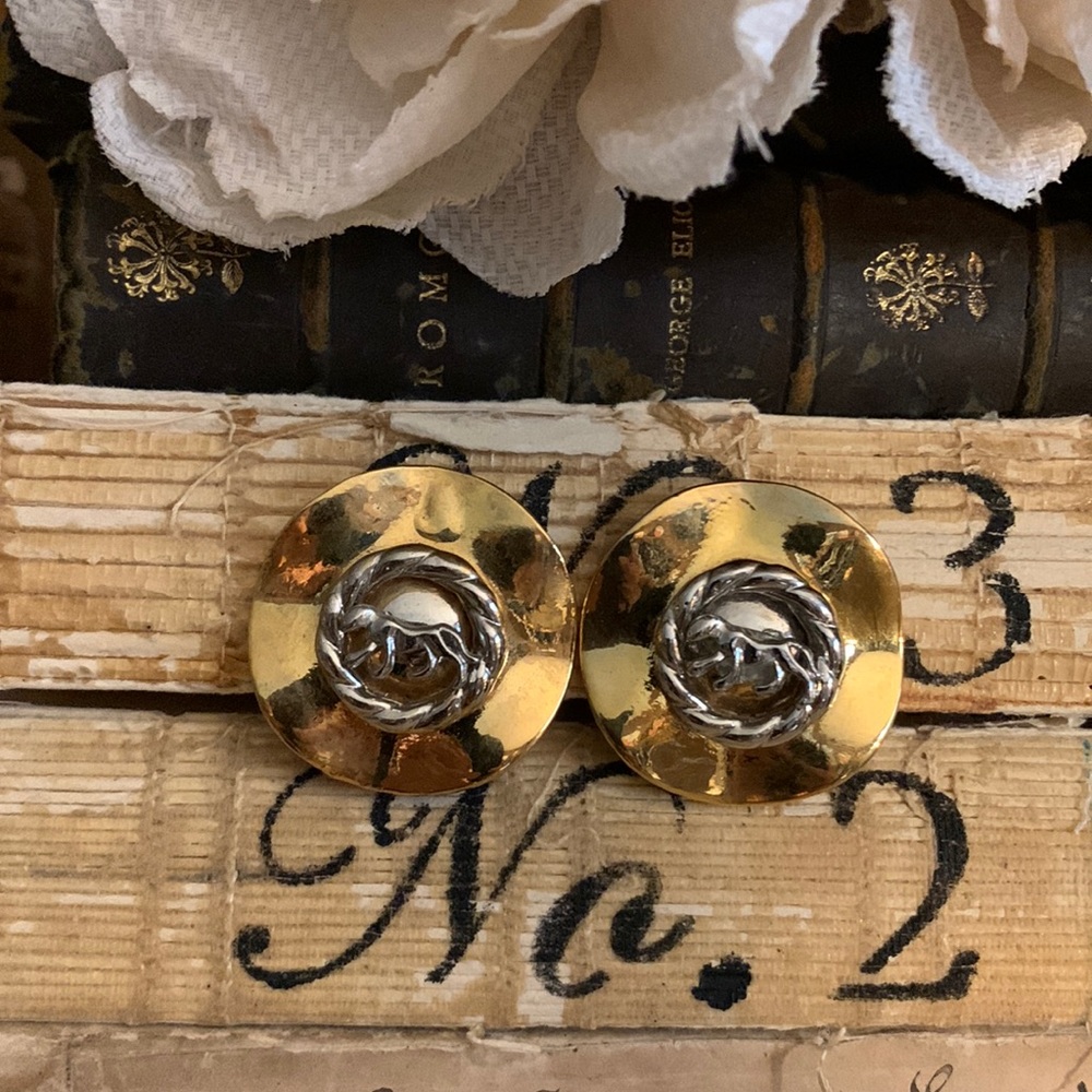 Vintage large gold round earrings with silver accents & leopard in center